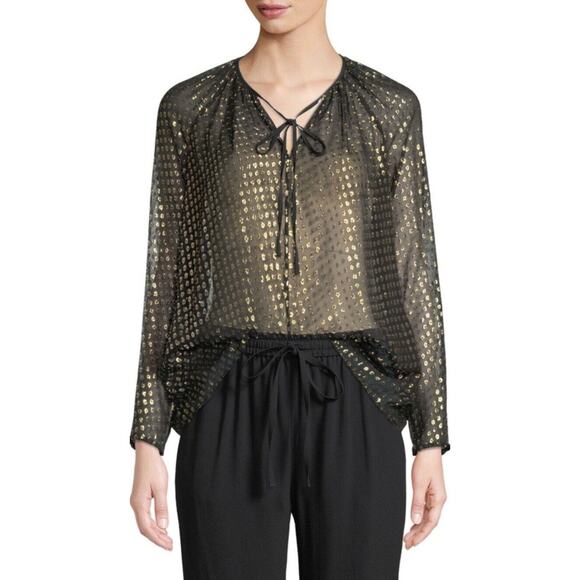 RED Valentino Silk Lame Fil Coupe Tie-Neck Blouse Sheer Gold Shirt Size Large - Picture 1 of 6